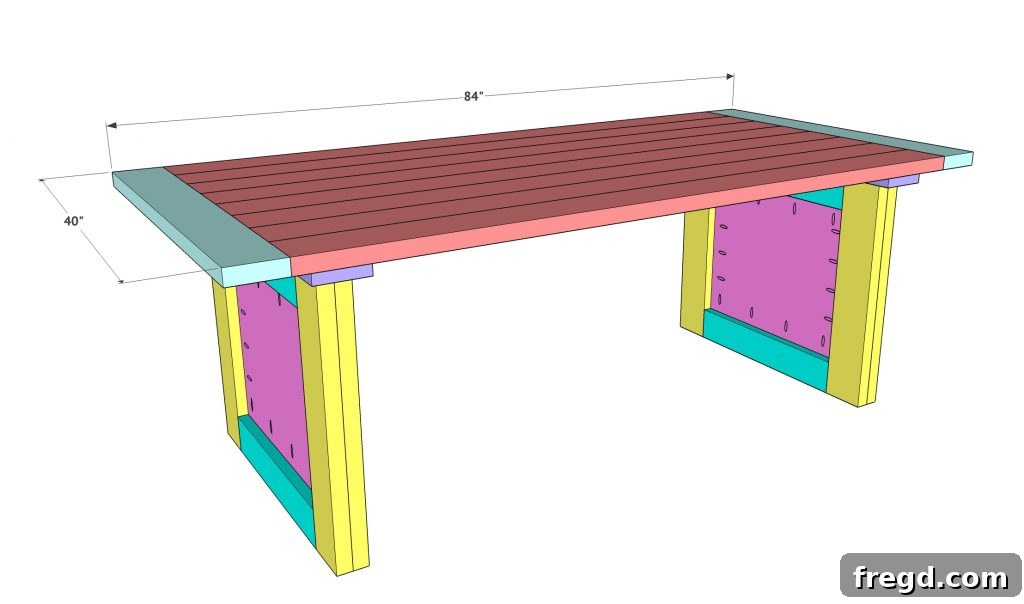 Build Your Own Paneled Farmhouse Dining Table 16 Securing the tabletop to the assembled base using wood screws, avoiding wood glue for future mobility.