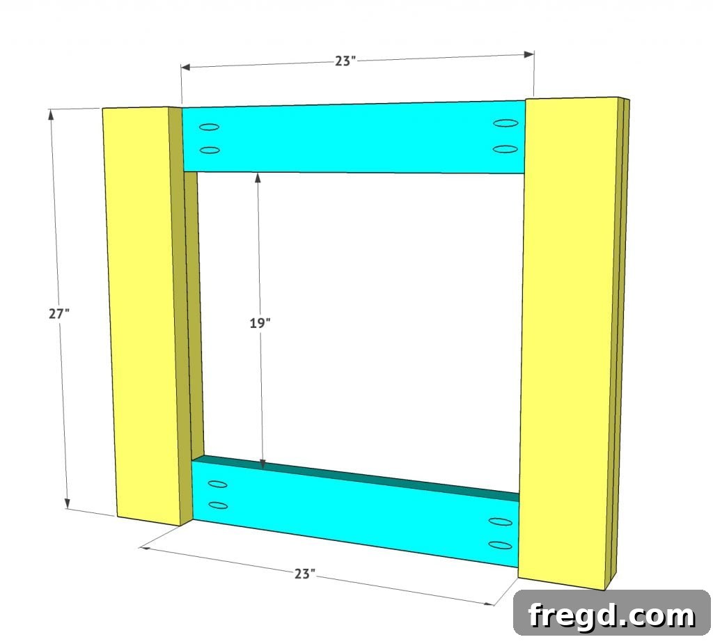 Build Your Own Paneled Farmhouse Dining Table 6 Diagram illustrating the attachment of horizontal support boards to table legs using pocket hole joinery.