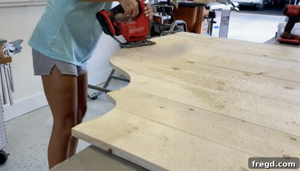 Build Your Own Designer Full Bed 7 Marking headboard design with a projector and jigsaw