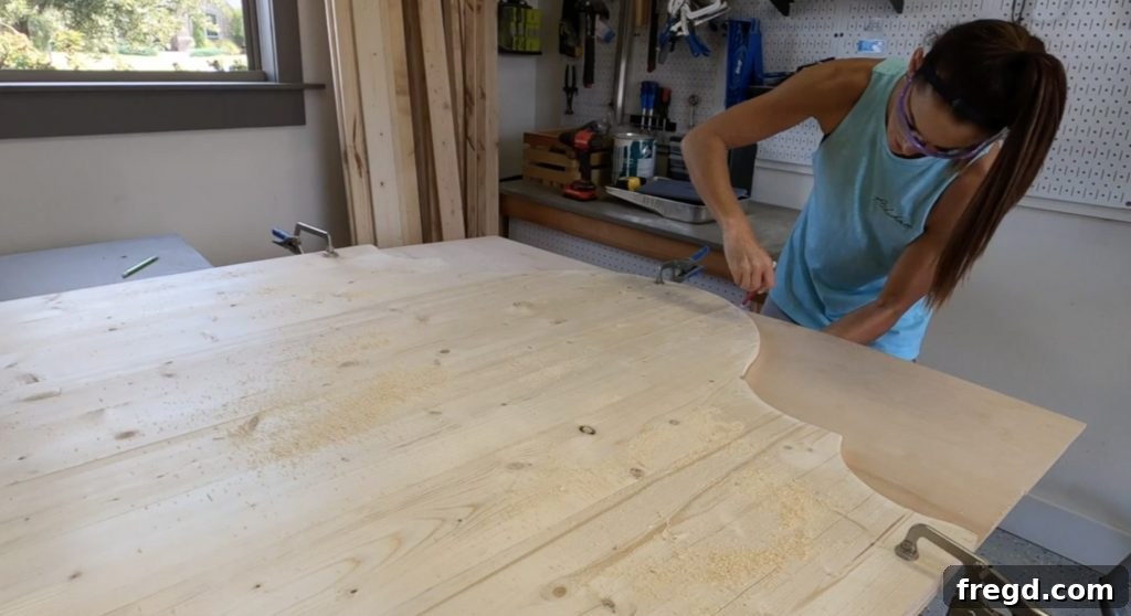 Build Your Own Designer Full Bed 8 Tracing top headboard trim onto plywood