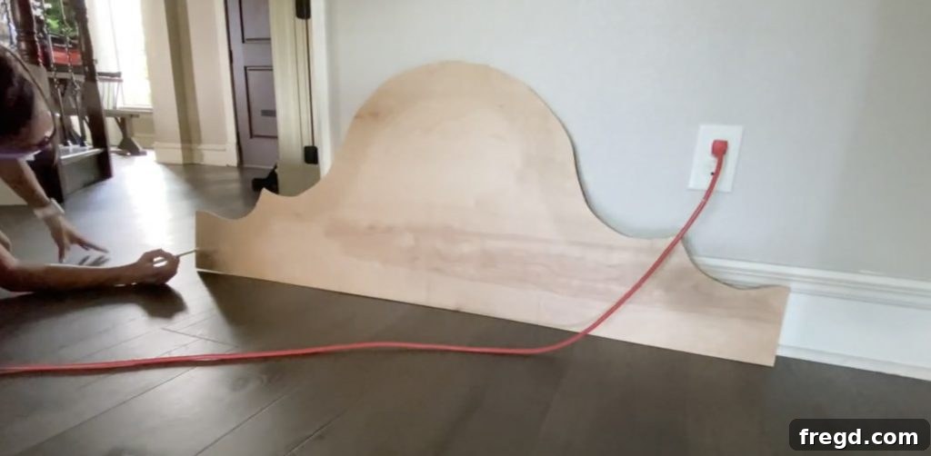 Build Your Own Designer Full Bed 9 Tracing bottom headboard design onto plywood for trim