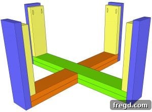 Illustrated step for securing short legs to long legs