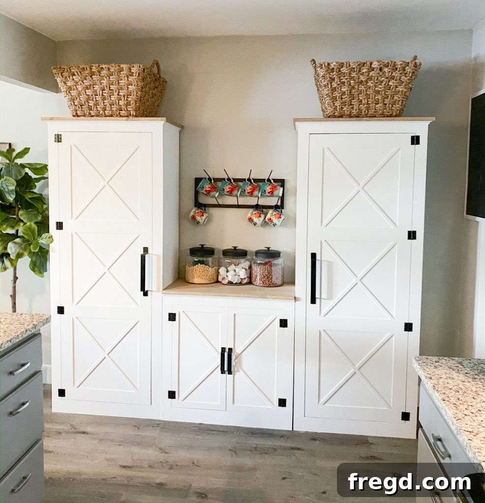 Crafting a Custom Counter-Height Pantry 2 Completed DIY table height pantry cabinet with decorative 'X' doors, painted white with a stained wood top.