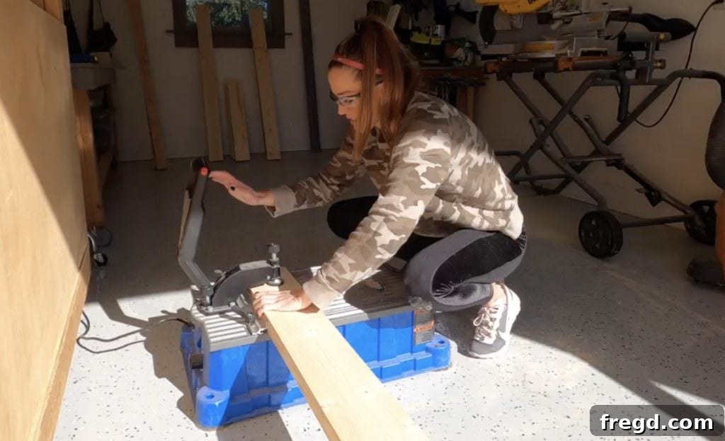 Farmhouse Fresh: Build Your Own Console 2 Cutting lumber for console table legs and runners, preparing for pocket holes.