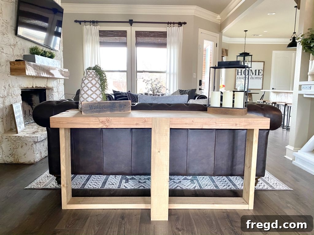 Farmhouse Fresh: Build Your Own Console 13 Close-up of the rustic wood grain and sturdy construction of the console table.