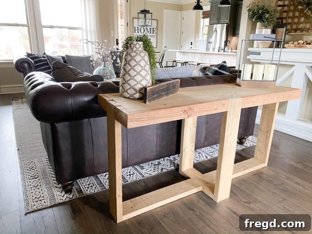 Farmhouse Fresh: Build Your Own Console 15 Another perspective of the handcrafted console table, highlighting its proportions.