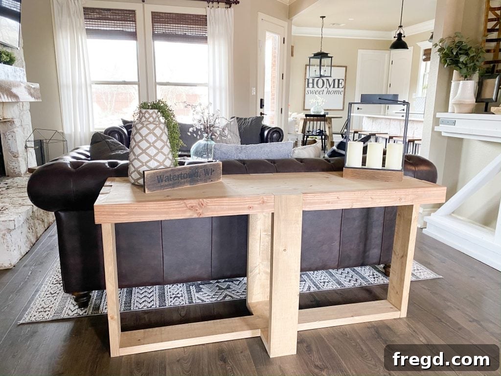 Farmhouse Fresh: Build Your Own Console 16 Side view of the finished DIY console table, ready to enhance any room.