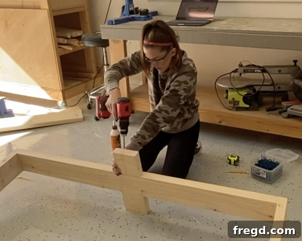 Farmhouse Fresh: Build Your Own Console 4 Attaching short runners to the long runner for table base support using pocket holes.