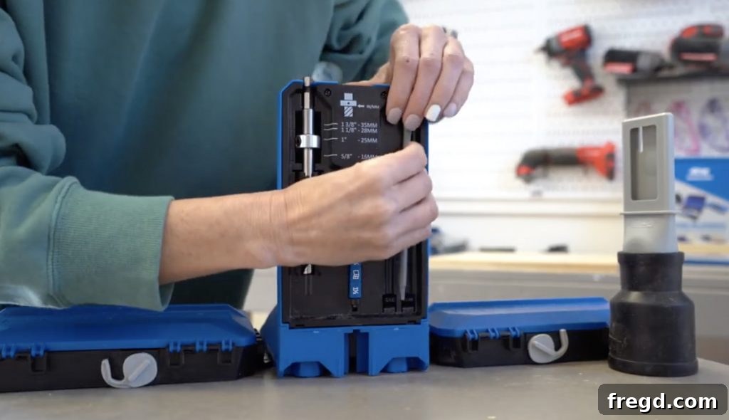Kreg Jig 720PRO with its integrated on-board accessory storage, keeping drill bits and tools organized and accessible.