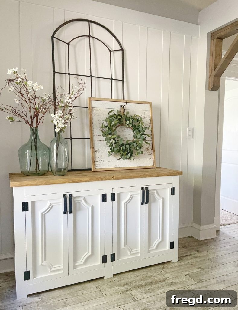 DIY Modern Farmhouse Statement Door Cabinet 2 Finished Modern Farmhouse Storage Cabinet with Fancy Wainscoting Doors