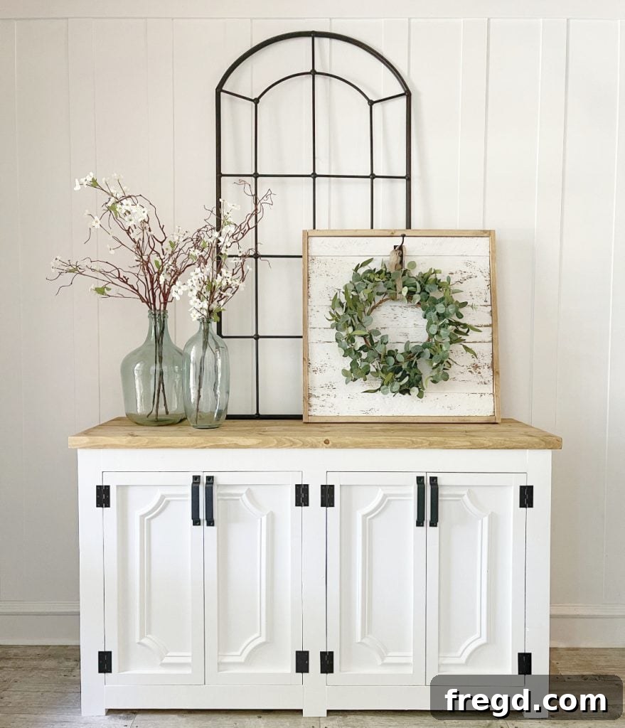 DIY Modern Farmhouse Statement Door Cabinet 3 Close-up of the wainscoting cabinet doors and hardware