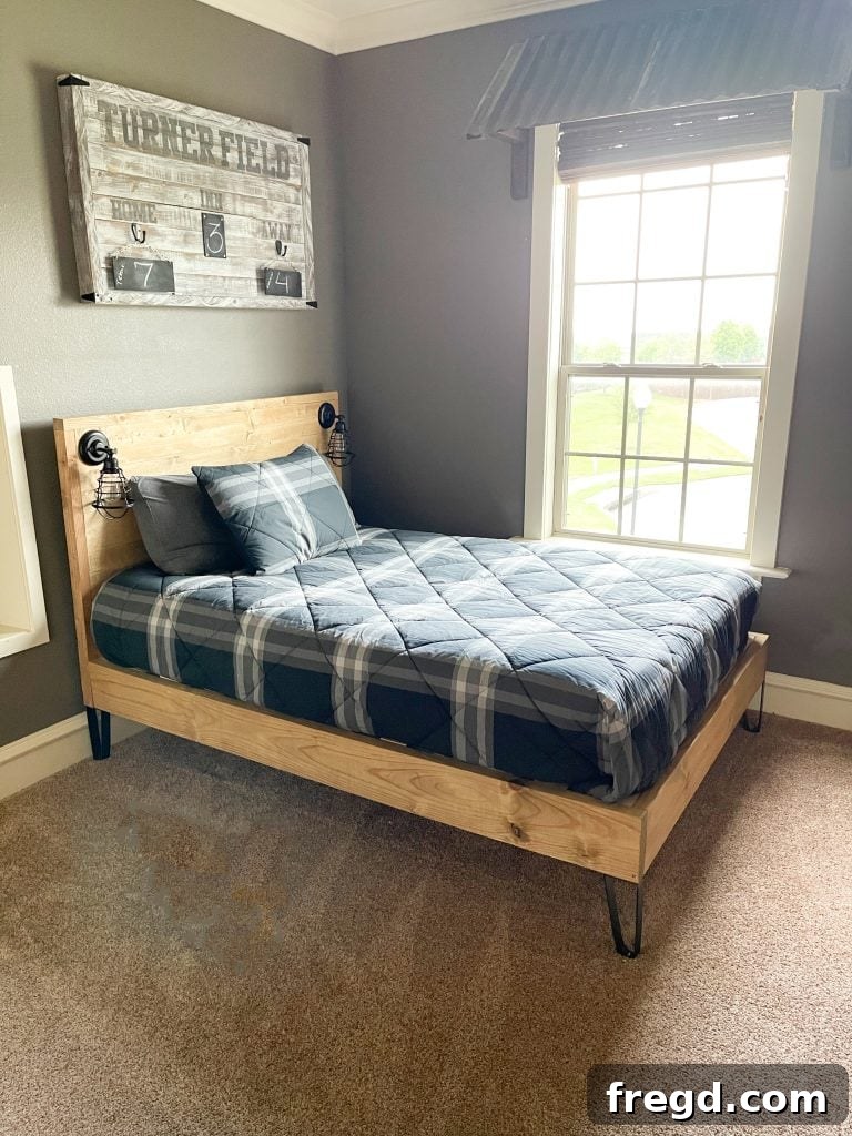 Stylish bedroom with DIY modern full bed