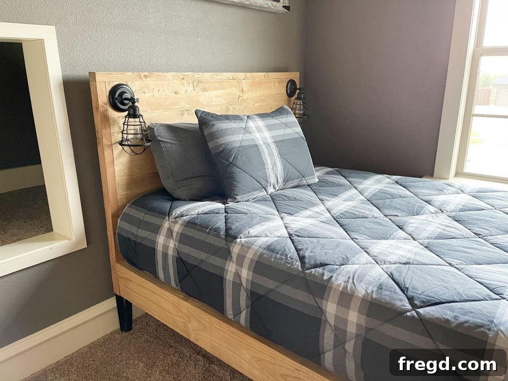 Bedroom view showing the modern DIY bed