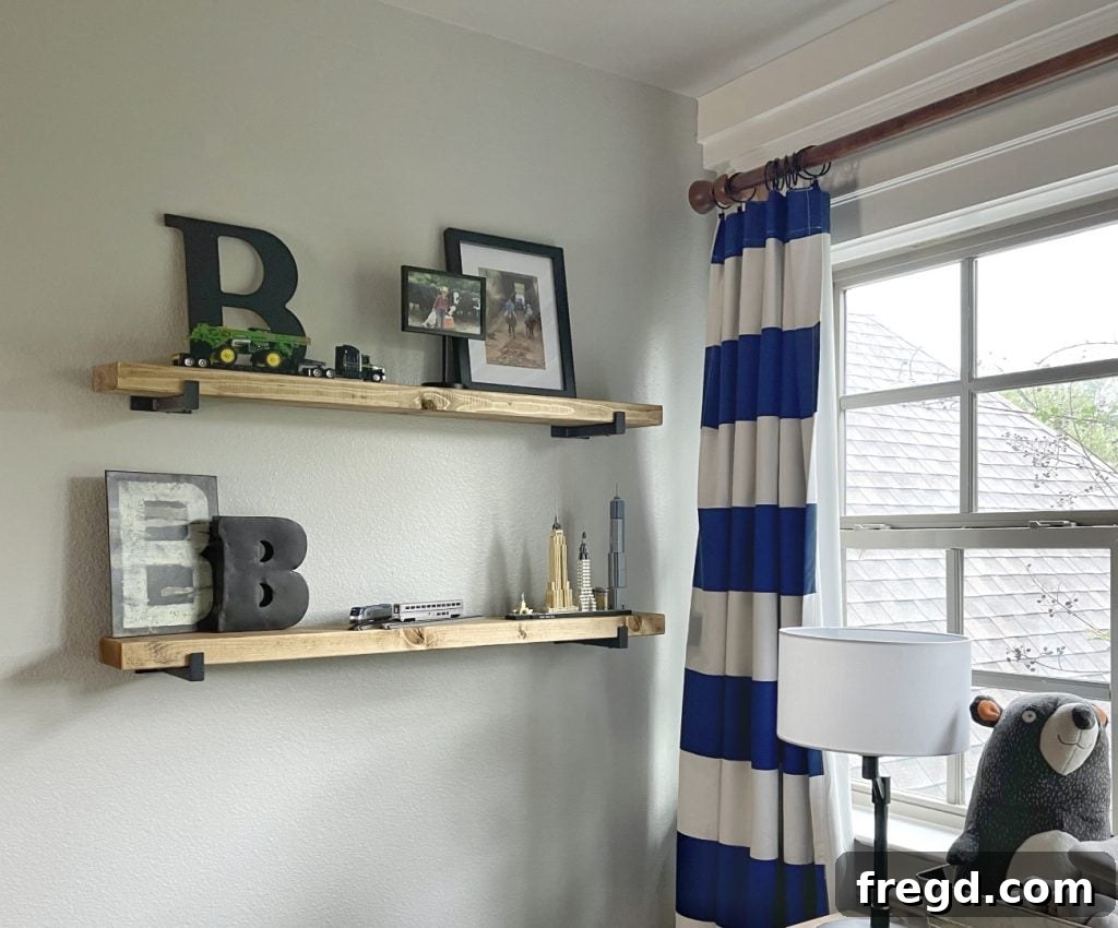 Inexpensive DIY Wall Shelves 14 Completed DIY wall shelves filled with books, small plants, and decorative items in a child's room