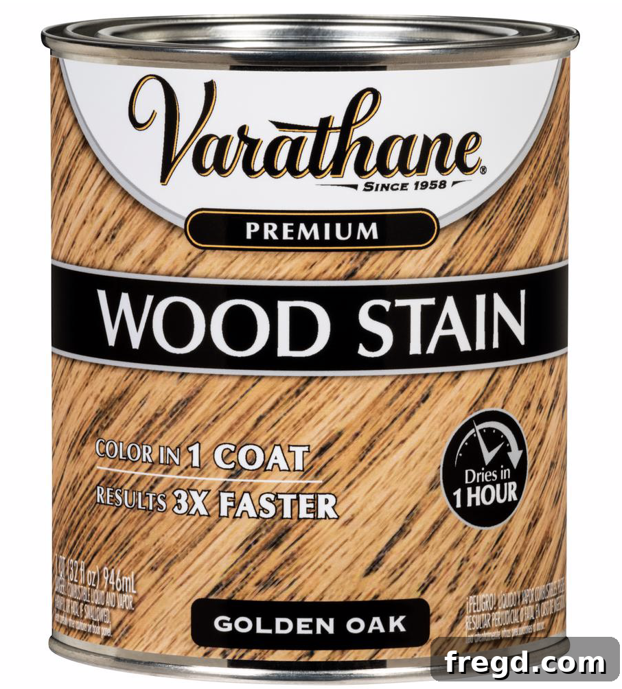 Inexpensive DIY Wall Shelves 7 A can of Rustoleum Golden Oak wood stain, perfect for achieving a warm, classic finish