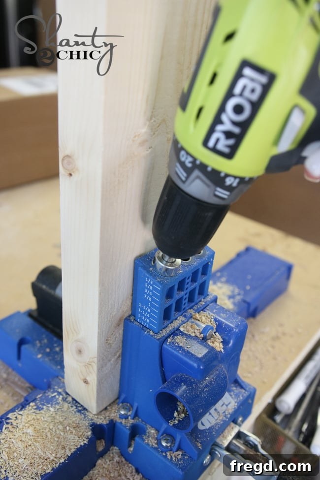 Illustration of drilling pocket holes into frame pieces
