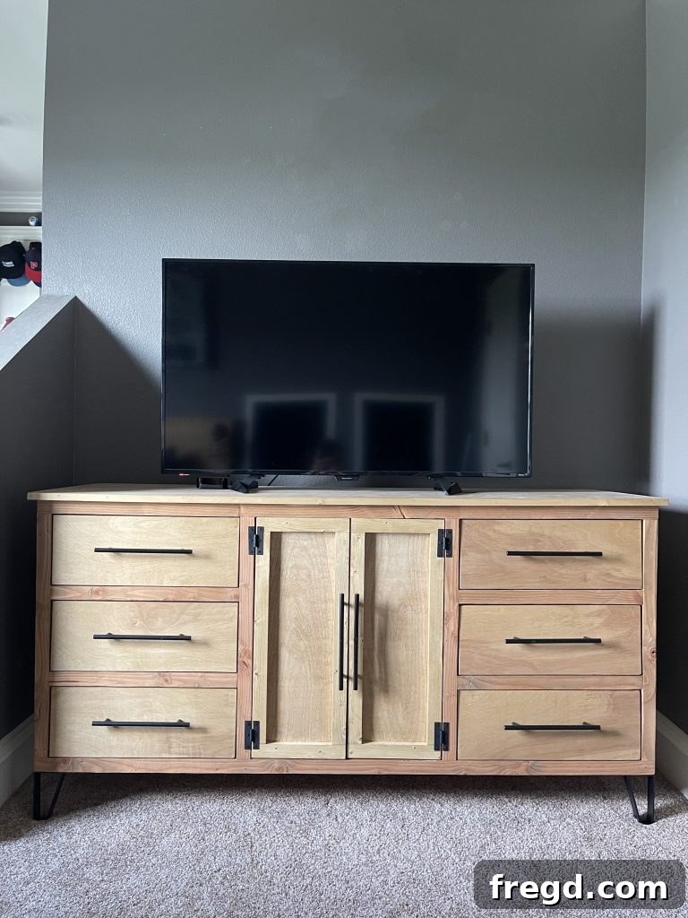 Side view of the modern dresser showing the sleek legs.