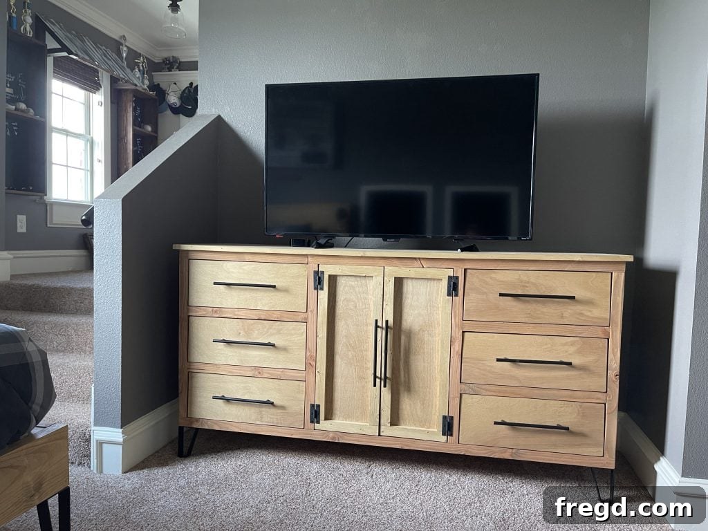 Full view of the finished DIY modern dresser, ready for use.