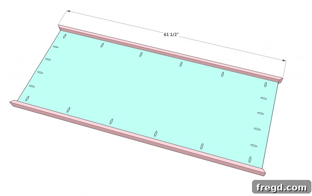 Visual instructions for creating trim boards by ripping a 1x6 into 2-inch pieces, cutting them at 45-degree angles, and attaching with wood glue and pocket hole screws.