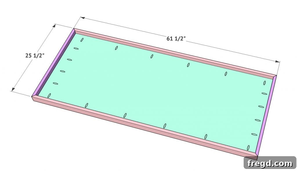 Instructions for cutting and attaching the shorter trim pieces to the tabletop using wood glue and Kreg pocket hole screws.