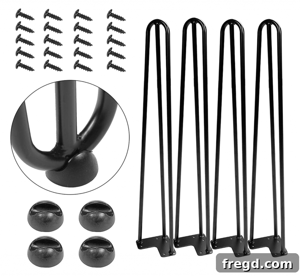 Close-up of black heavy-duty hairpin table legs, showcasing their sturdy design and elegant aesthetic.
