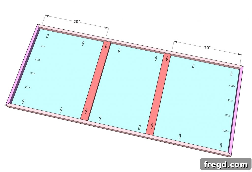 Detailed instructions for cutting and attaching 1x3 support boards with pocket holes, securing them with wood glue and screws for enhanced tabletop stability.