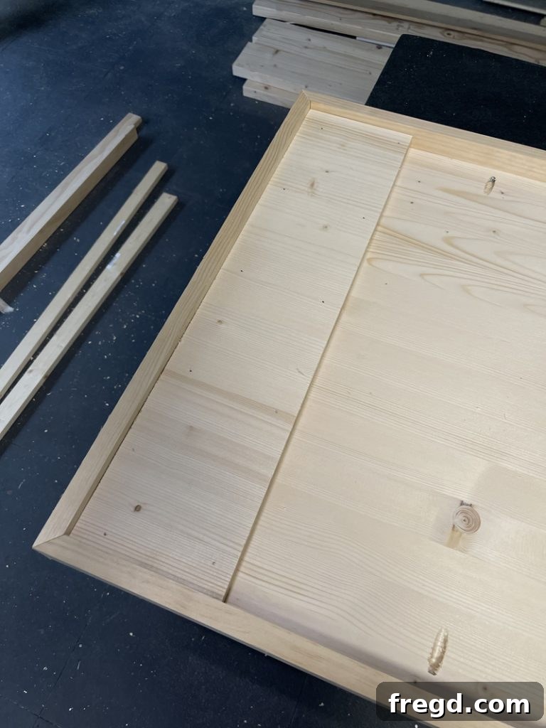 Using a brad nailer to secure a leg support board to the tabletop, demonstrating quick and effective attachment.