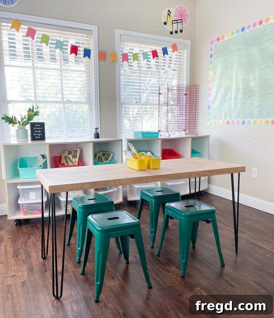 A freshly built modern school table with hairpin legs, perfectly placed in a classroom, ready for students.