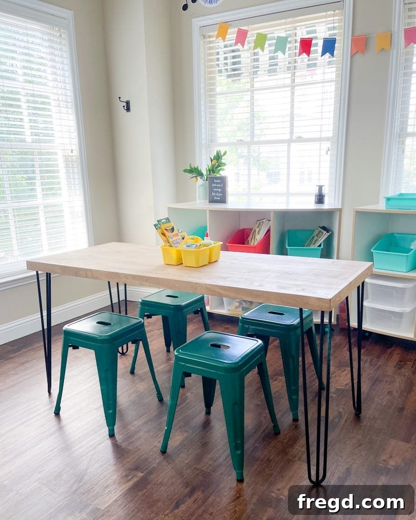 Another view of the custom DIY school table, highlighting its sturdy construction and aesthetic appeal in a learning environment.