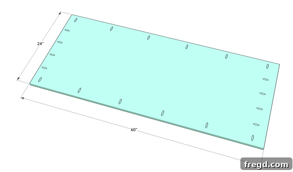 A detailed instruction showing how to cut a project panel to size and add 3/4 inch pocket holes around its edges for table construction.