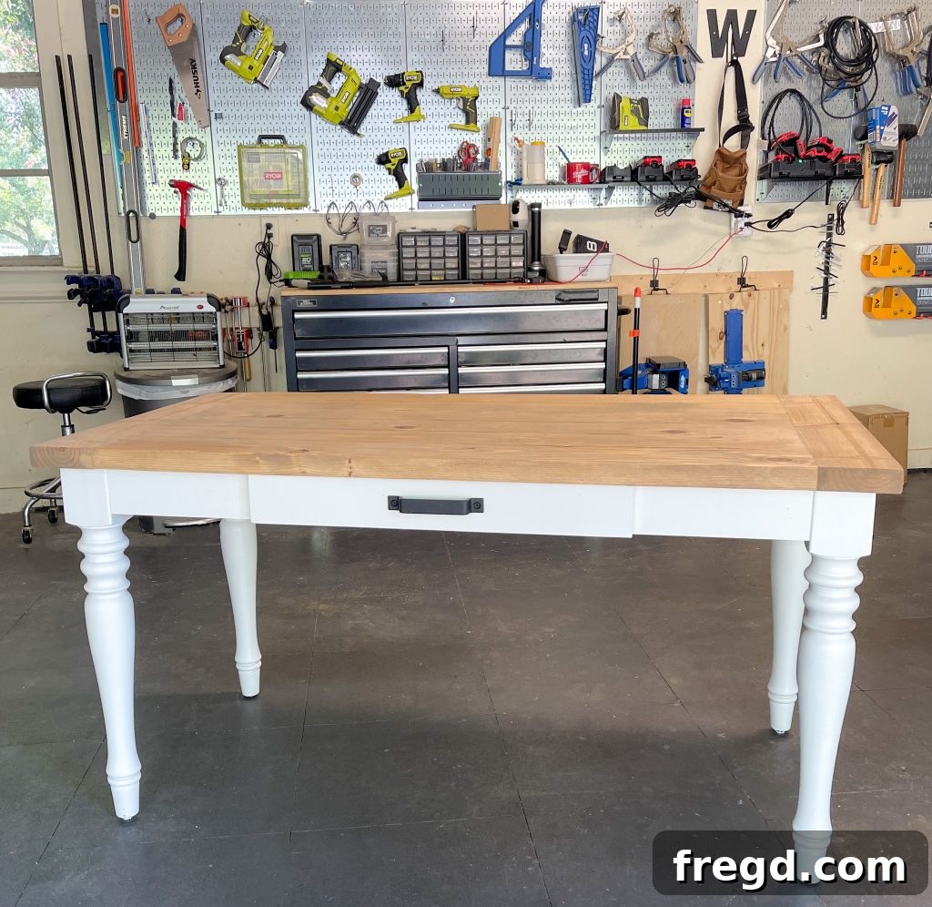 Build Your Own Modern Farmhouse Desk 2 Completed DIY Modern Farmhouse Desk with white base and stained wood top