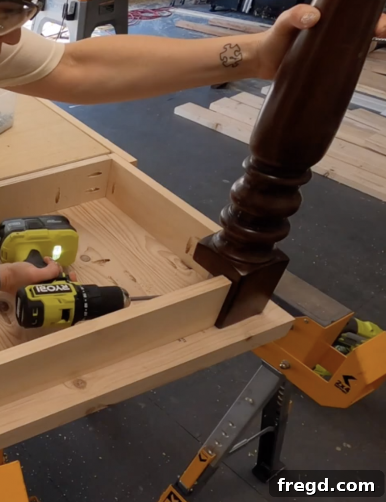Build Your Own Modern Farmhouse Desk 19 Attach desk legs using wood glue and pocket hole screws through the apron