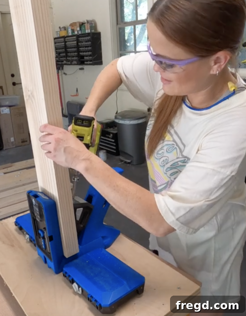 Build Your Own Modern Farmhouse Desk 4 Add 1.5-inch pocket holes to each end of the desk plank boards using a Kreg Jig