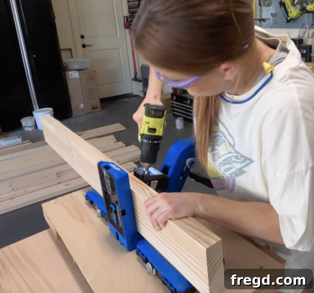 Build Your Own Modern Farmhouse Desk 5 Drill 1.5-inch pocket holes along the long edges of five desk plank boards