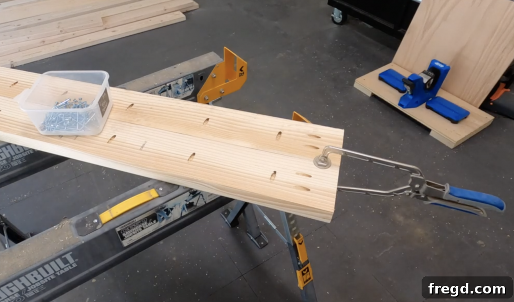 Build Your Own Modern Farmhouse Desk 6 Use a Kreg Face Clamp to align and flush desk planks during assembly