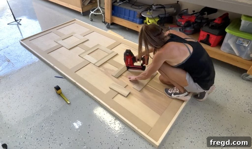 Centering and attaching decorative squares to the plywood