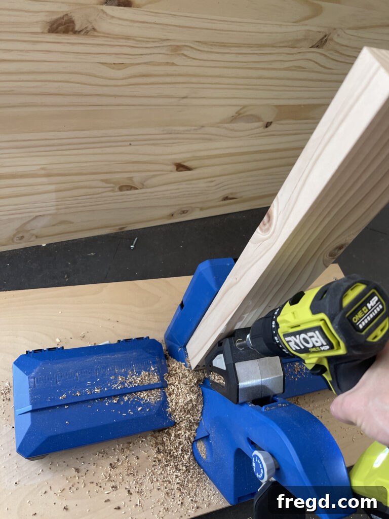 Close-up of pocket holes in a wooden board