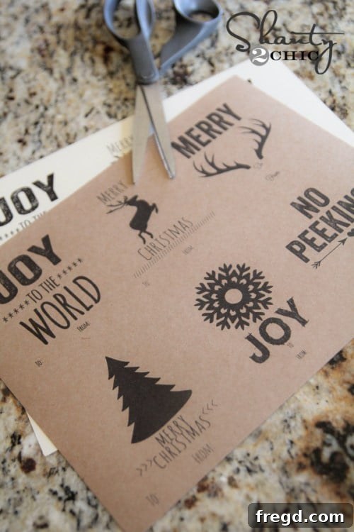 Modern black and white Christmas gift tag on a wrapped gift