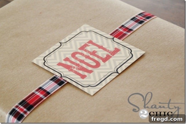 Printable holiday tags on wrapped gifts