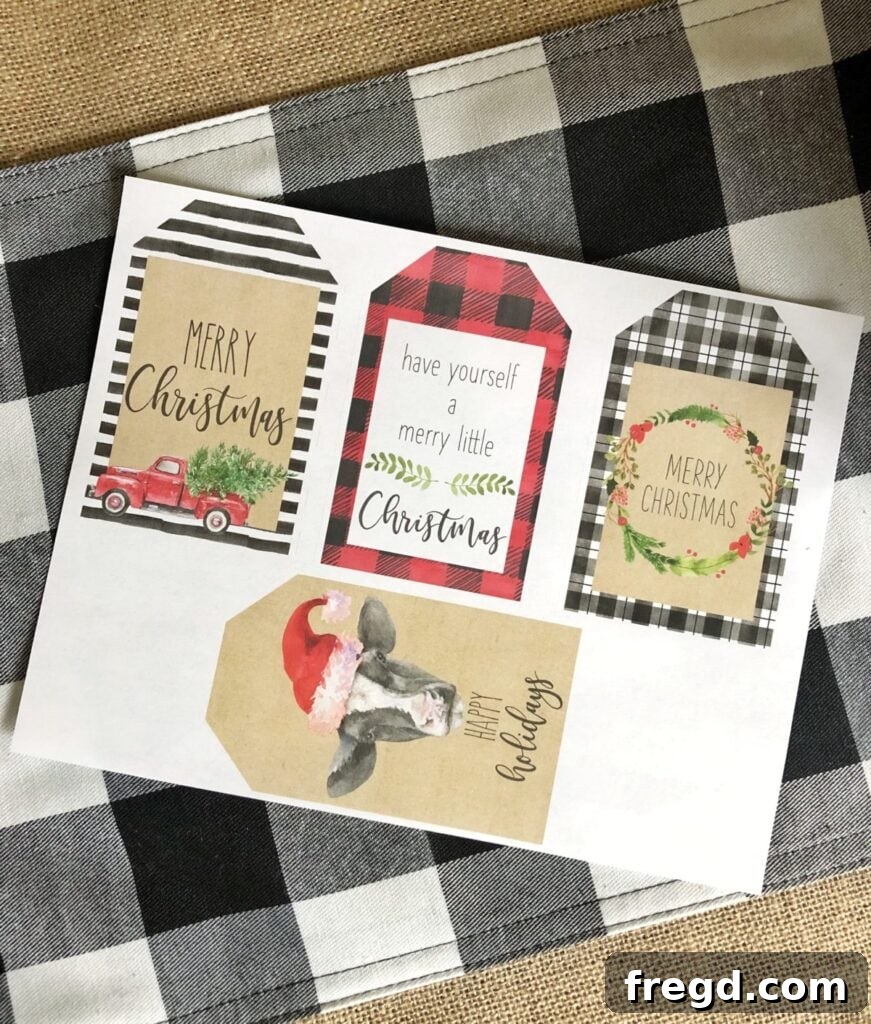 Farmhouse style Christmas gift tag with a cow and Christmas wreath