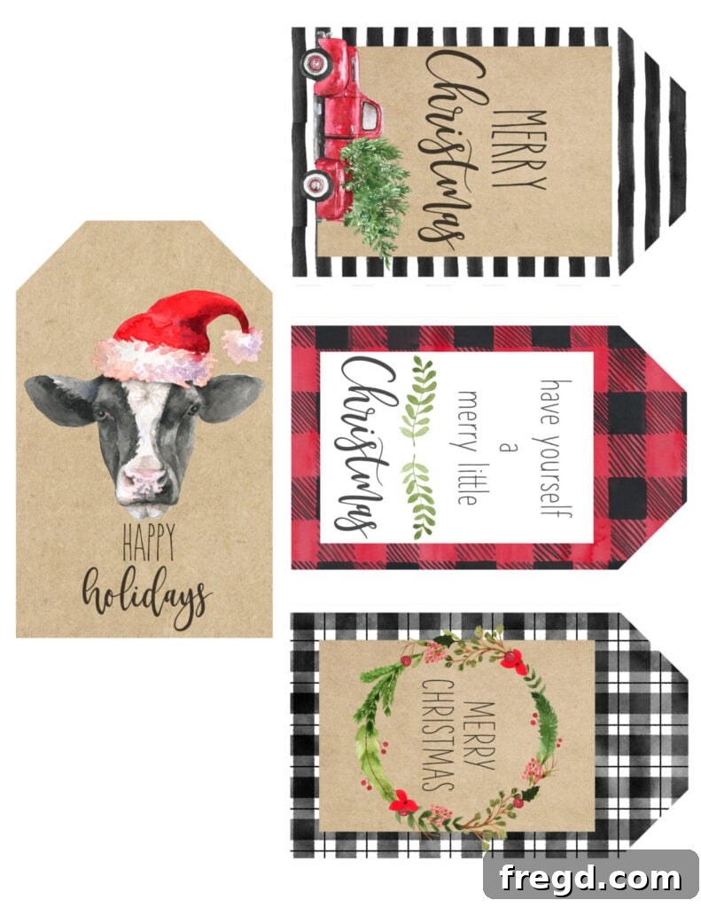 Assortment of farmhouse Christmas gift tags including a red truck and holly wreath