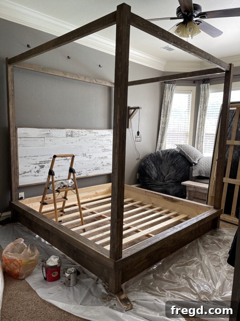 Craft Your Own Canopy Bed 41 Applying a protective finish to the DIY canopy bed