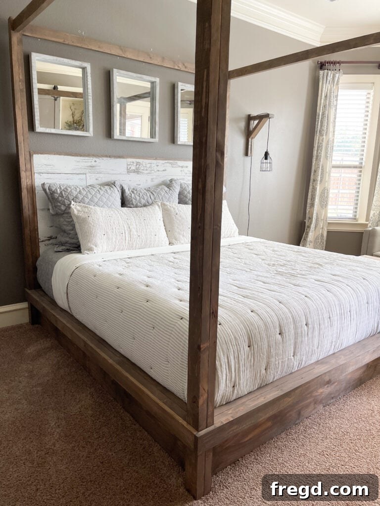 Craft Your Own Canopy Bed 45 Side view of the handcrafted four-poster bed, showcasing its robust construction