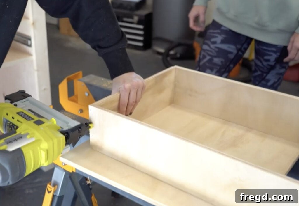 Design Your Own Home Office Workstation 16 Assembling the drawer frame with wood glue and brad nails