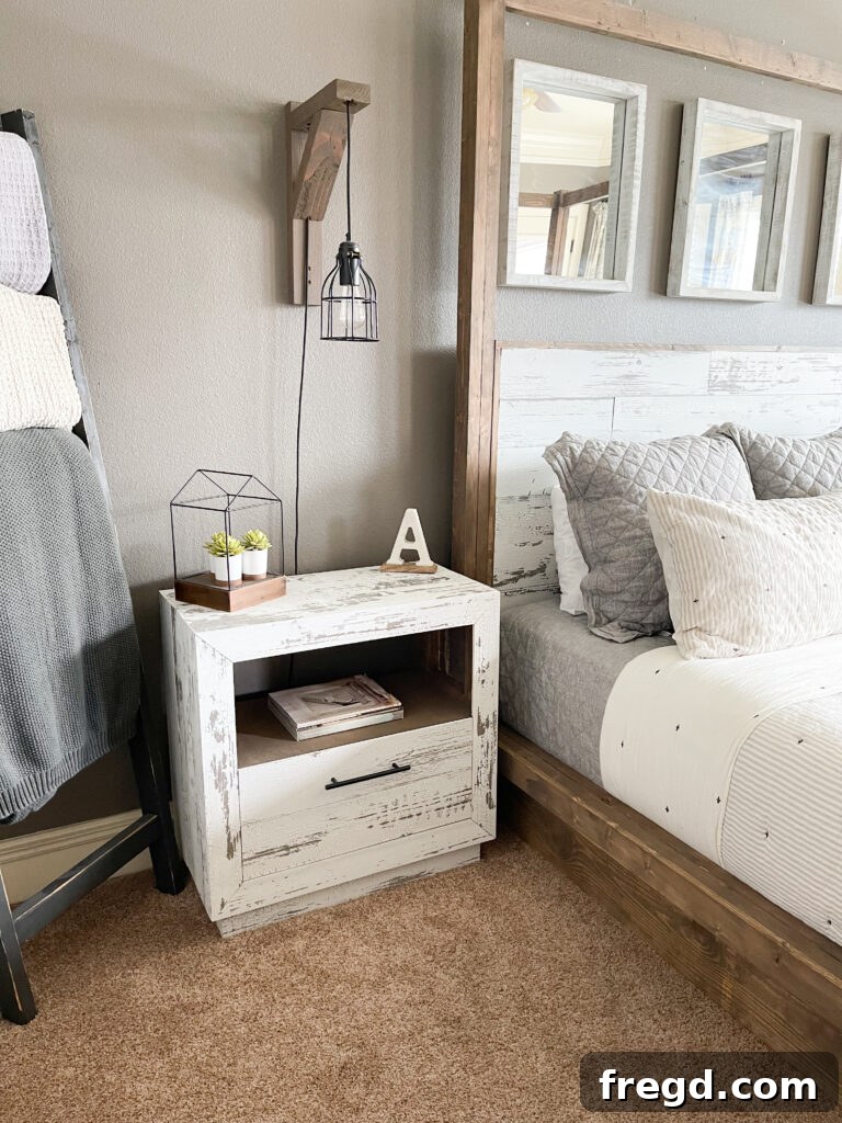 Modern DIY Nightstand with Hidden Storage Drawer 28 A side view highlighting the barnwood trim details of the DIY nightstand