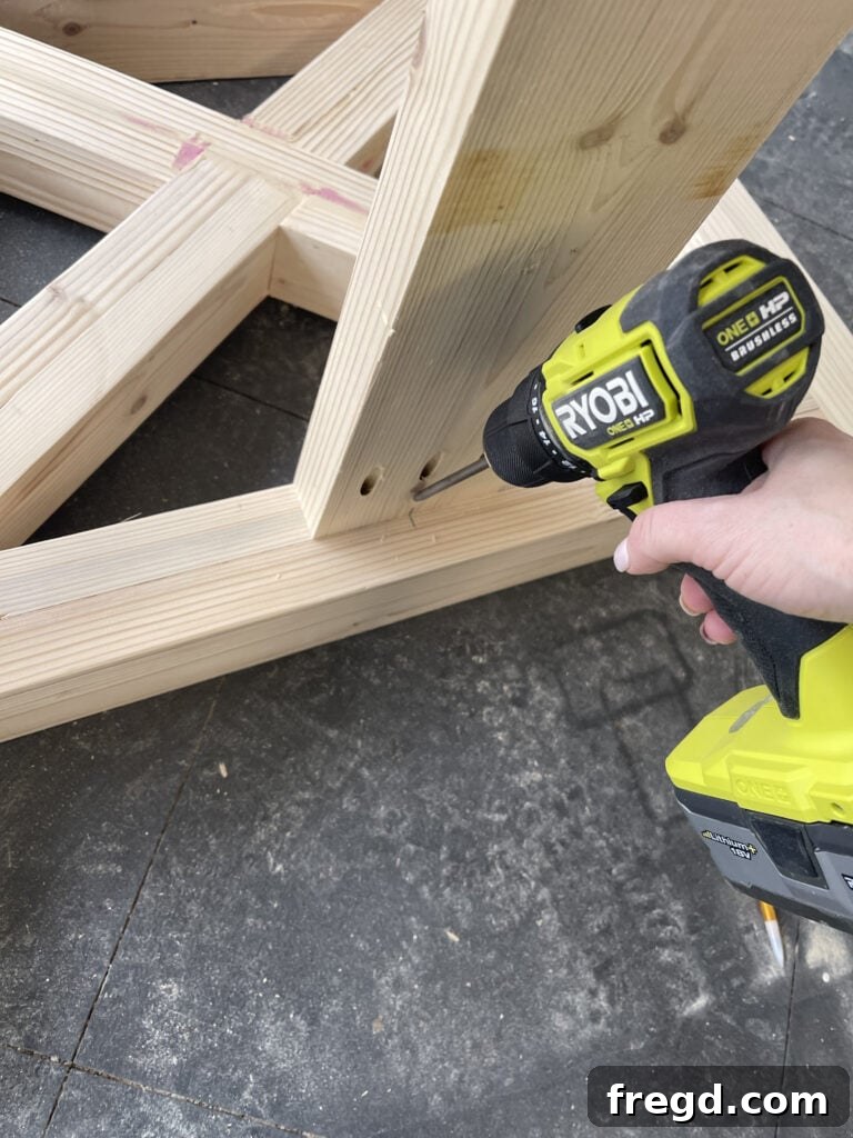 Close-up of pocket hole connection for the top runner.