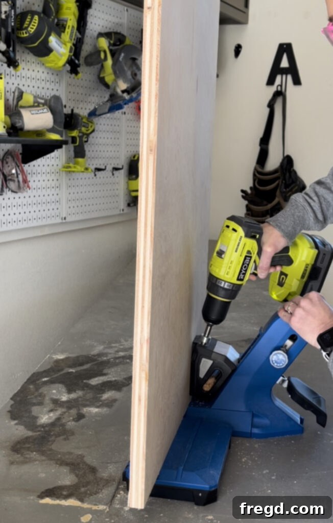 Handmade Craft Storage Cabinet 5 Drilling pocket holes with Kreg Jig 720 Pro