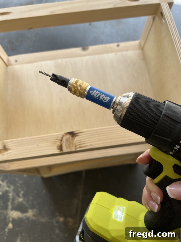 Using the Kreg Quick-Flip to drill pilot holes for counterbored screws.