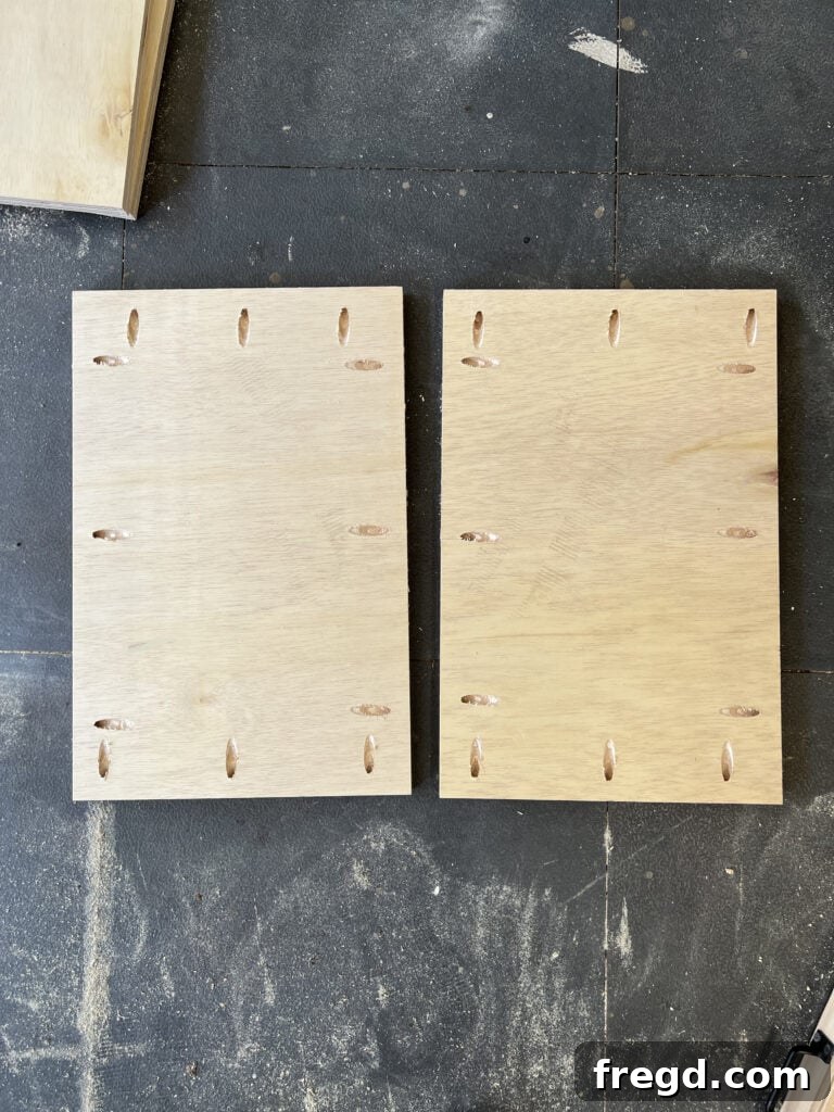 Assembly of shelves into the nightstand frame, showing flush bottom alignment.