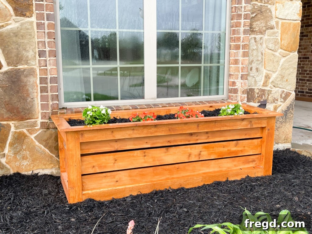Side view of a large cedar planter box next to a house